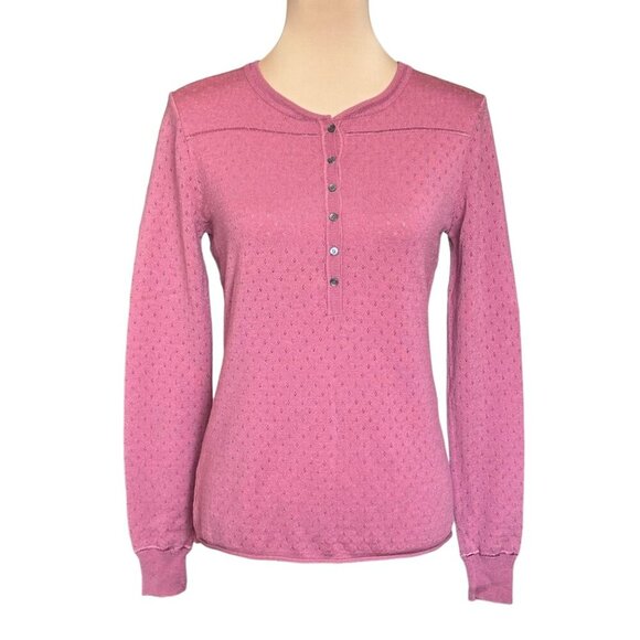 THEORY Wool Henley Sweater Sz.M Pointelle Knit Pink Preppy Lightweight Cottage - Picture 1 of 10
